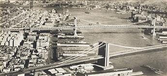 HAROLD COSTAIN (1897-1994) The Williamsburg, Brooklyn, and Manhattan Bridges * Bird's-eye view of Manhattan. 1930.                               